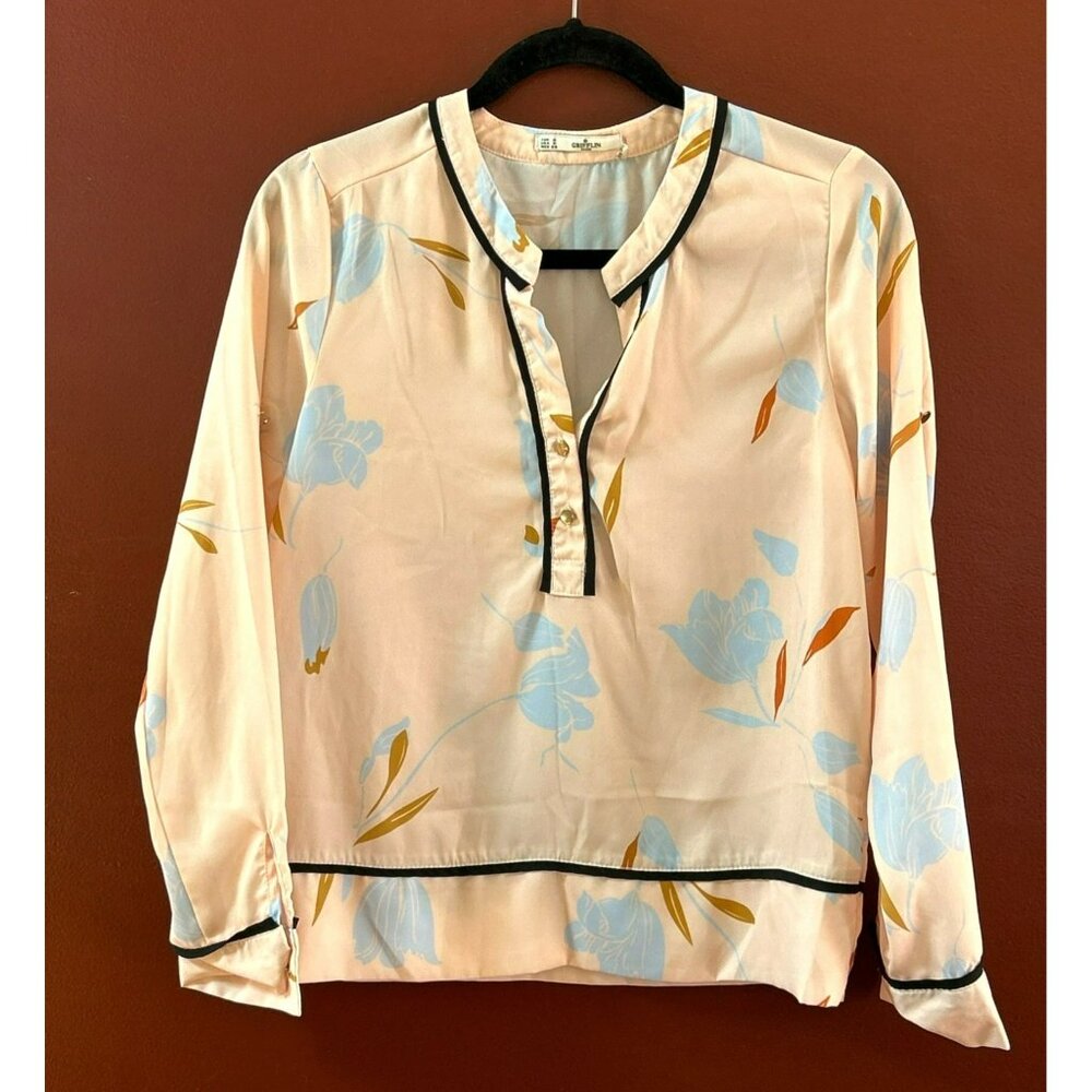 Grifflin Women's Peach Floral Long Sleeve Blouse Small Piping Classic Preppy